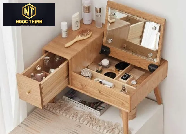 BÀN TRANG ĐIỂM NGỒI BỆT BẰNG GỖ SỒI CAO CẤP